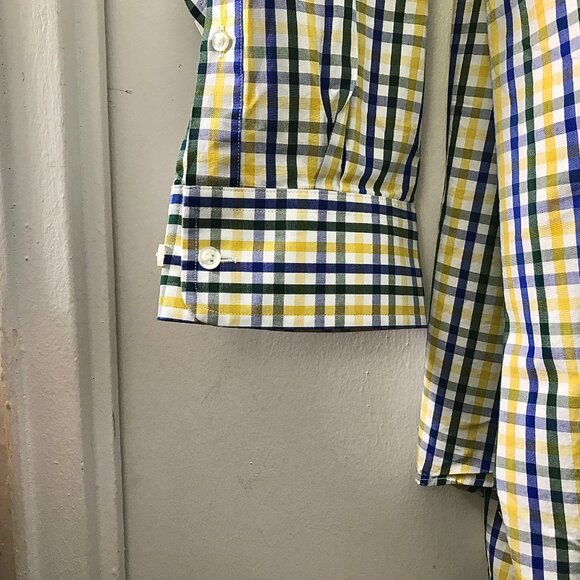 Men's Lands' End Button-Down Plaid Shirt - White/Blue/Yellow- Size 20-36 - Picture 3 of 6